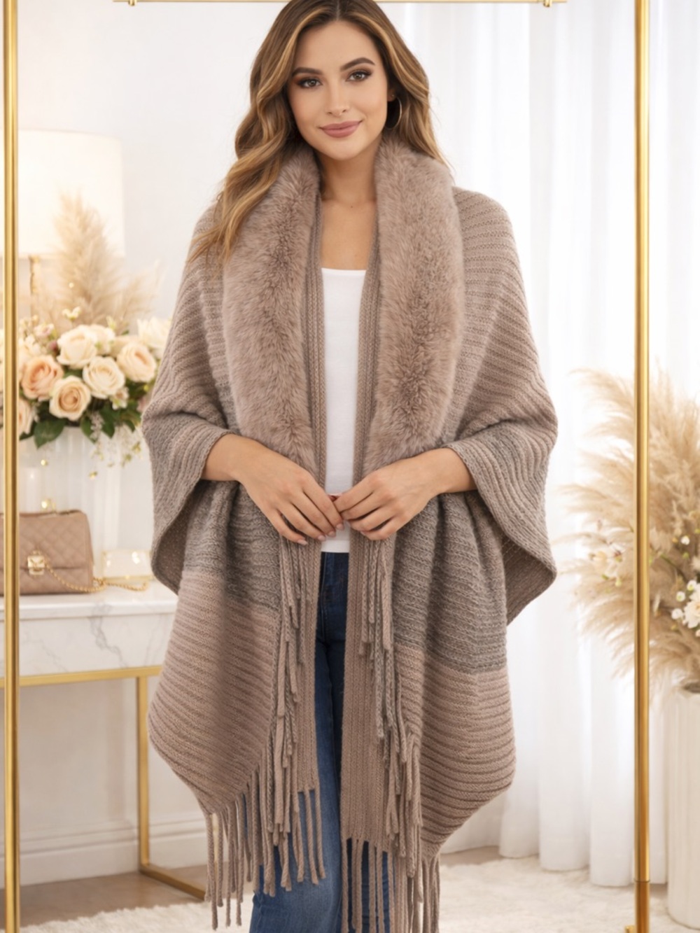 Cozy Taupe Faux Fur Trim Knit Poncho
